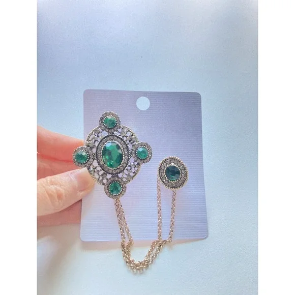 Baroque Vintage-Style Brooch for Women, Green Imitation Crystal & Chain Corsage - Picture 4 of 7